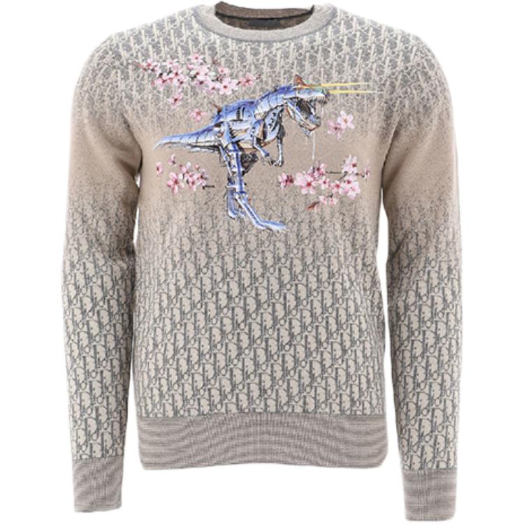 Dior x Sorayama Sakura Dinosaur Print Crewneck Cashmere Sweater - Cream 933M641BT971-870