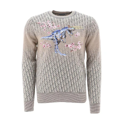 Dior Sorayama Sakura Dinosaur Print Crewneck Cashmere Sweater - Cream 933M641BT971-870
