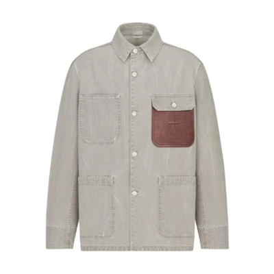 DIOR Stone Island FW24 Gray Logo Patch Button-Up Jacket Long Sleeve 493D496A385X-C877