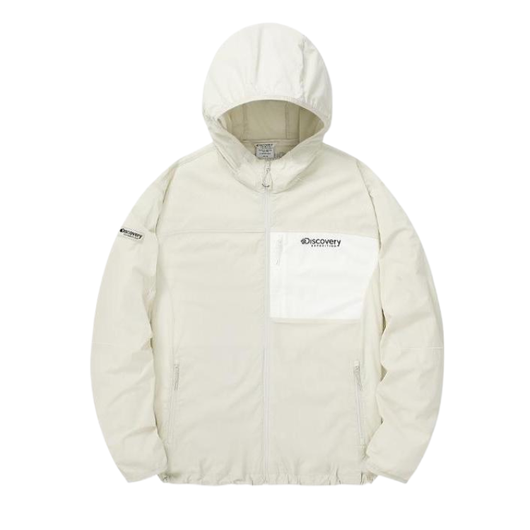 Discovery Expedition Beige Letter Print Patchwork Zip-Up Hoodie Jacket DMWJ7C043-NBD