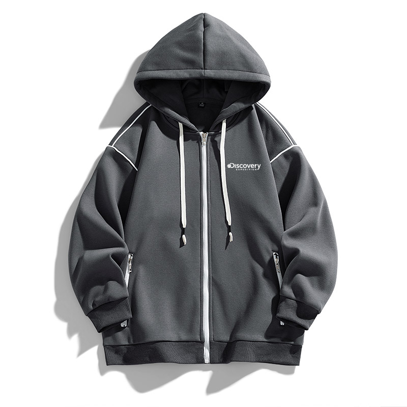 Discovery Expedition Retro Stripe Zip-Up Hoodie with Letter Print Unisex XDAAUL000888