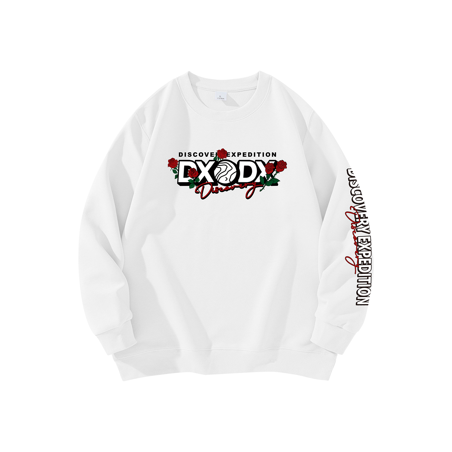 Discovery Expedition Rose Letter Colorblock Logo Print Loose Sweatshirt Unisex. DAAUL900585