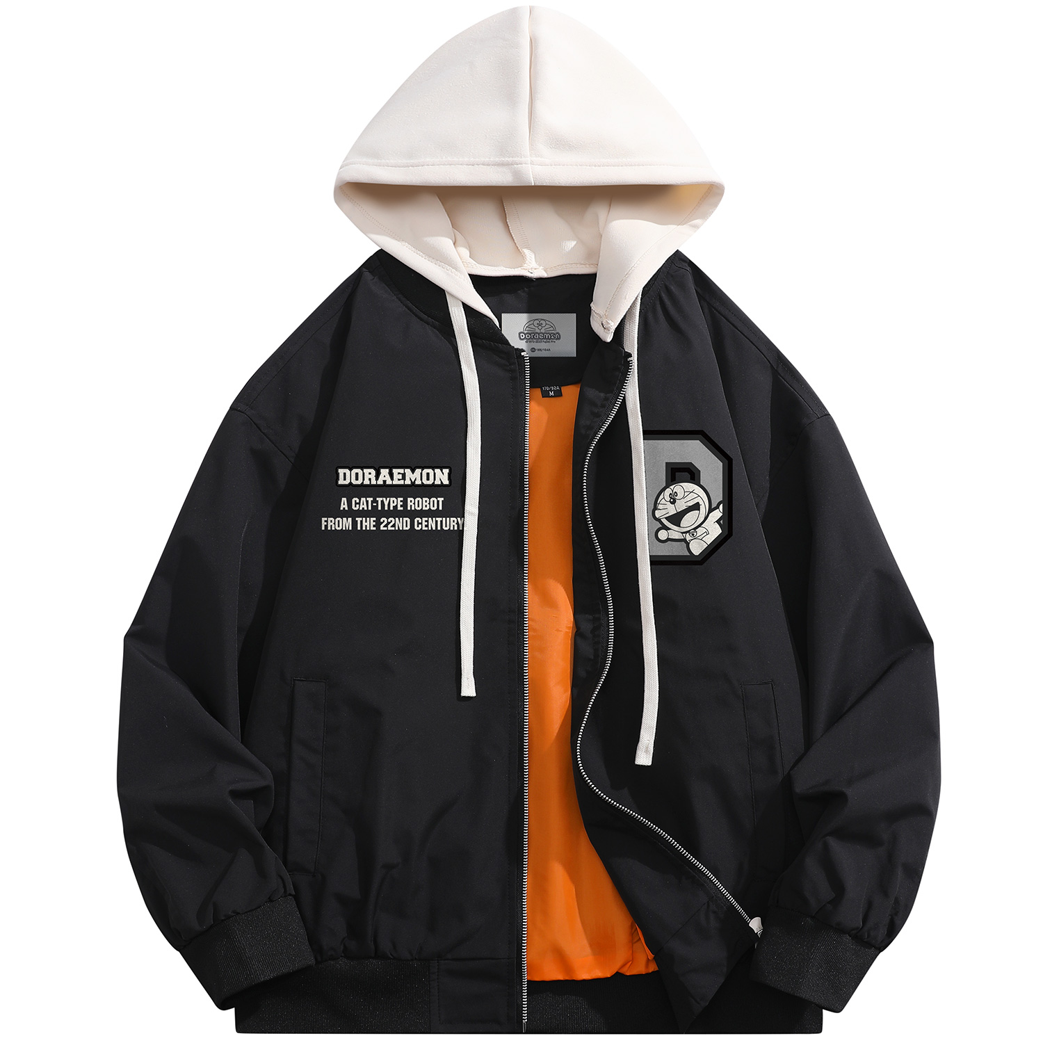 Doraemon Cartoon Robot Cat Logo Oversized Detachable Hood Bomber Jacket Unisex 337251D