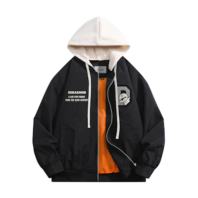 Doraemon Cartoon Robot Cat Logo Oversized Detachable Hood Bomber Jacket Unisex 337251D