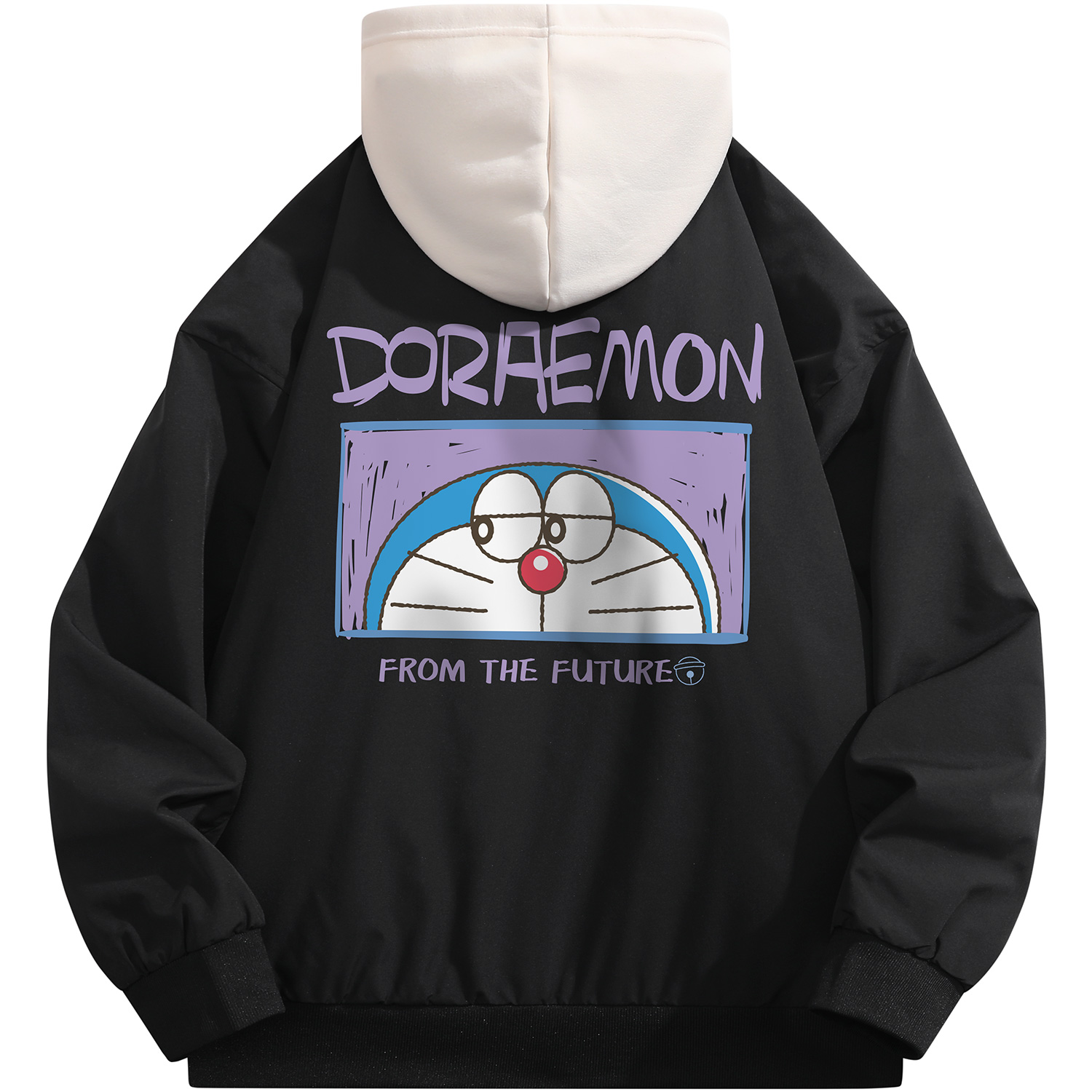 Doraemon Plain Logo Print Loose-Fit Pilot Jacket with Detachable Hood Unisex 337690D