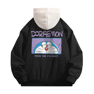 Doraemon Plain Logo Print Loose-Fit Pilot Jacket with Detachable Hood Unisex 337690D