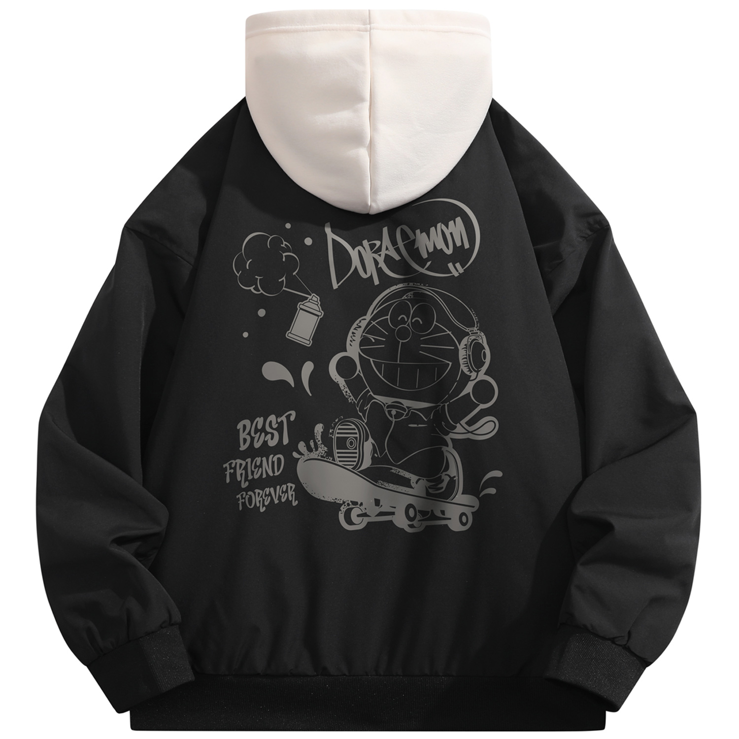 Doraemon Retro Logo Graffiti Loose Pilot Jacket with Detachable Hood Unisex 337834D