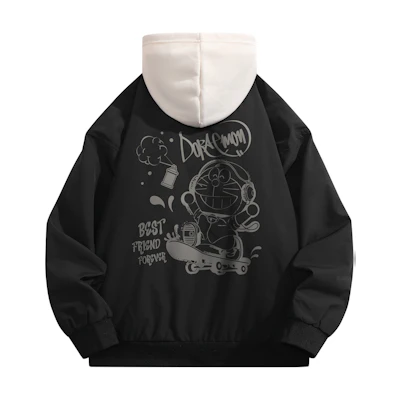 Doraemon Retro Logo Graffiti Loose Pilot Jacket with Detachable Hood Unisex 337834D