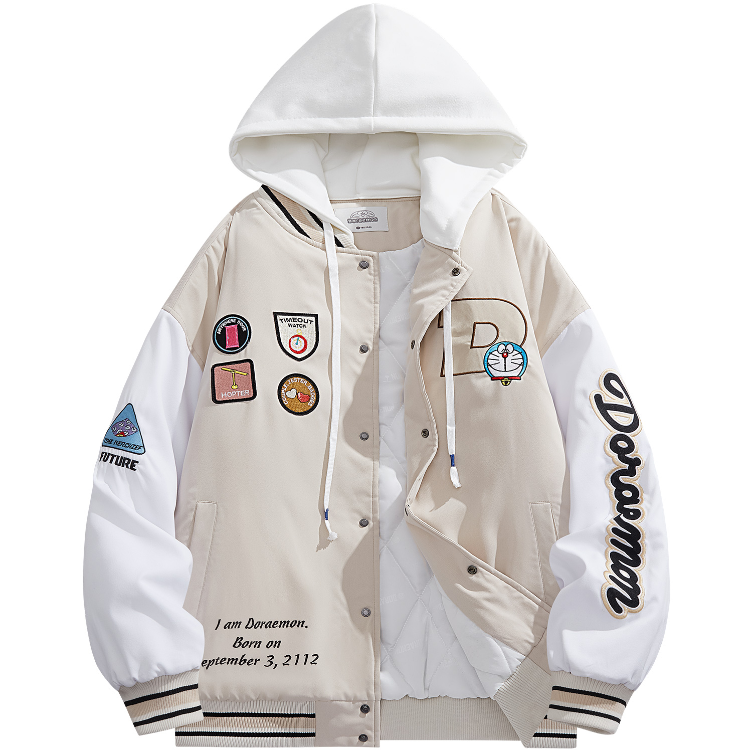 Doraemon Retro Varsity Jacket with Embroidered Badge & Detachable Hood Unisex 221417DLA31007D
