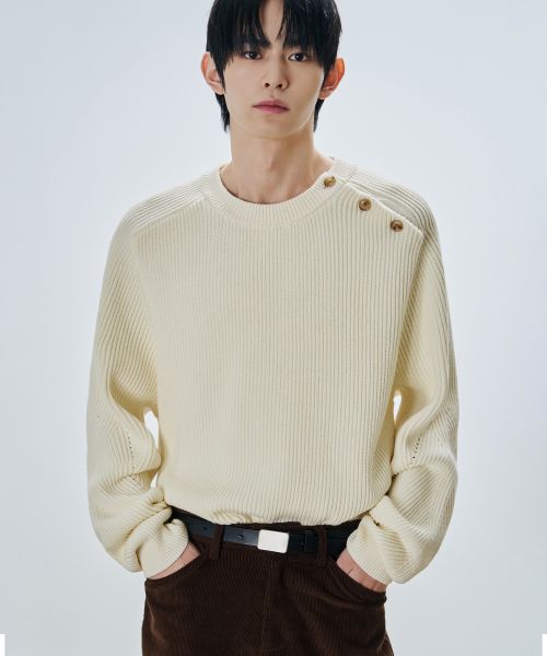 Draw Fit Bailey Slit Button Pullover Knit [Cream] DFKN6402CR