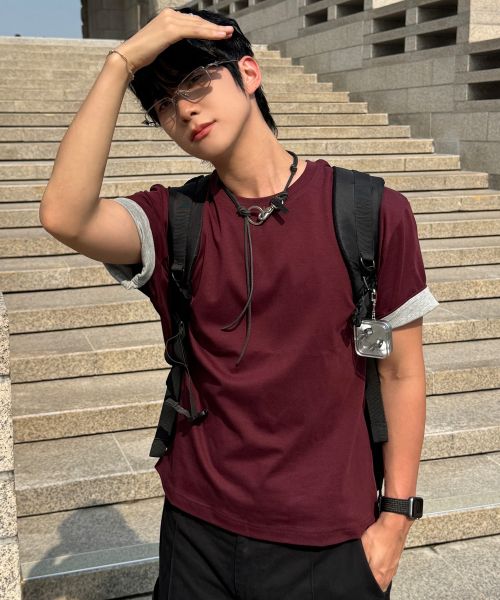 DRAW FIT Contrast Roll-Up Half T-Shirt [Burgundy] DFTS6219BG