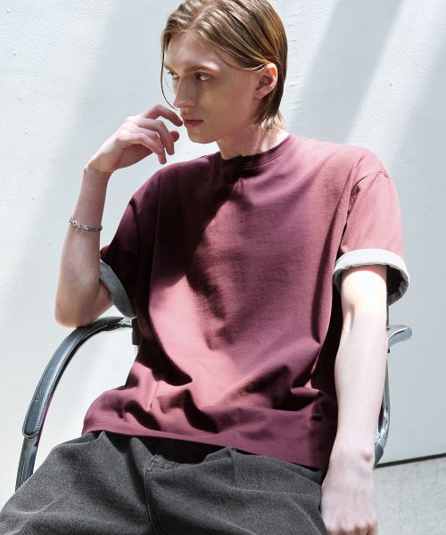Order DRAW FIT Contrast Roll-Up Half T-Shirt [Burgundy] DFTS6219BG