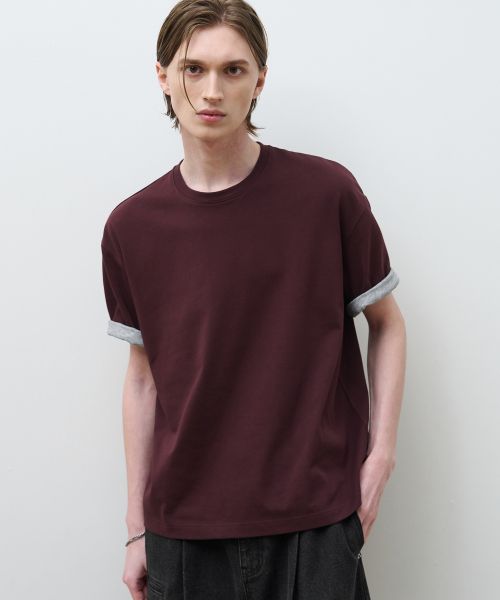 Lookbook DRAW FIT Contrast Roll-Up Half T-Shirt [Burgundy] DFTS6219BG