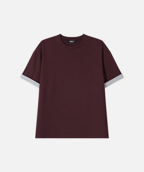 Shop DRAW FIT Contrast Roll-Up Half T-Shirt [Burgundy] DFTS6219BG