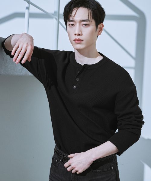 Draw Fit Cotton Waffle Henley Neck T-Shirt [Black] DFTS4306BK