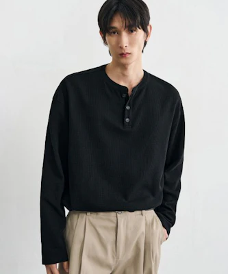 Draw Fit 棉质华夫格亨利领T恤(黑色) DFTS4306BK Lookbook Draw Fit 棉质华夫格亨利领T恤(黑色) DFTS4306BK