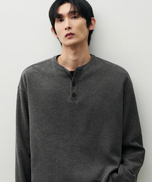 Draw Fit Cotton Waffle Henley Neck T-Shirt [Charcoal] DFTS4306CC