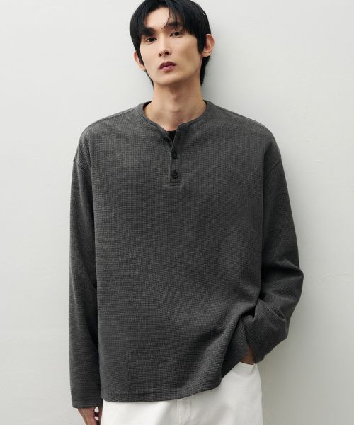 Order Draw Fit Cotton Waffle Henley Neck T-Shirt [Charcoal] DFTS4306CC