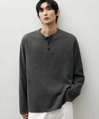 Draw Fit 棉质华夫格亨利领T恤(炭灰色) DFTS4306CC Order Draw Fit 棉质华夫格亨利领T恤(炭灰色) DFTS4306CC