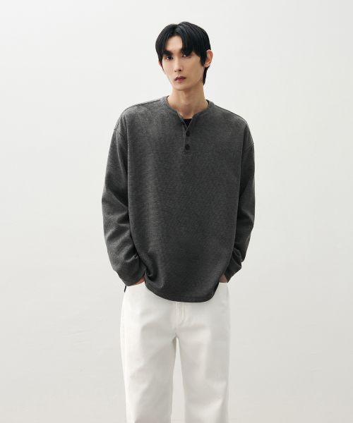 Lookbook Draw Fit Cotton Waffle Henley Neck T-Shirt [Charcoal] DFTS4306CC