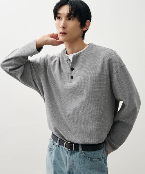 Shop Draw Fit Cotton Waffle Henley T-Shirt [Melange] DFTS4306ME