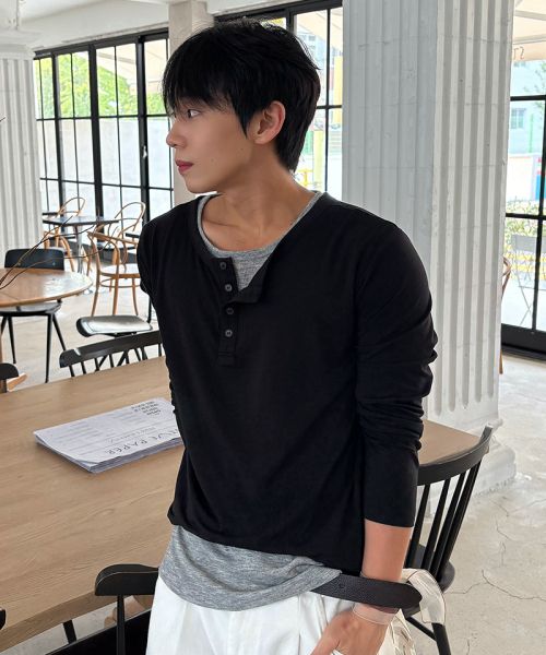 Draw Fit Layered Henley Neck Long Sleeve T-Shirt [Black] DFTS6303BK
