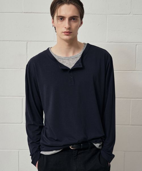 Draw Fit Layered Henley Neck Long Sleeve T-Shirt [Navy] DFTS6303NV