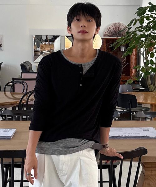 Order Draw Fit Layered Henley Neck Long Sleeve T-Shirt [Black] DFTS6303BK