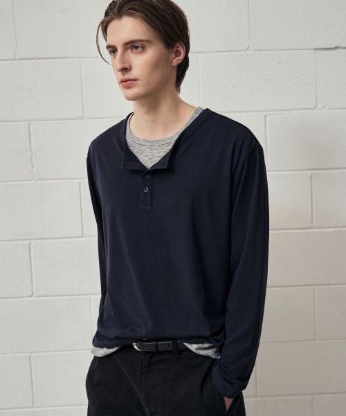 Order Draw Fit Layered Henley Neck Long Sleeve T-Shirt [Navy] DFTS6303NV