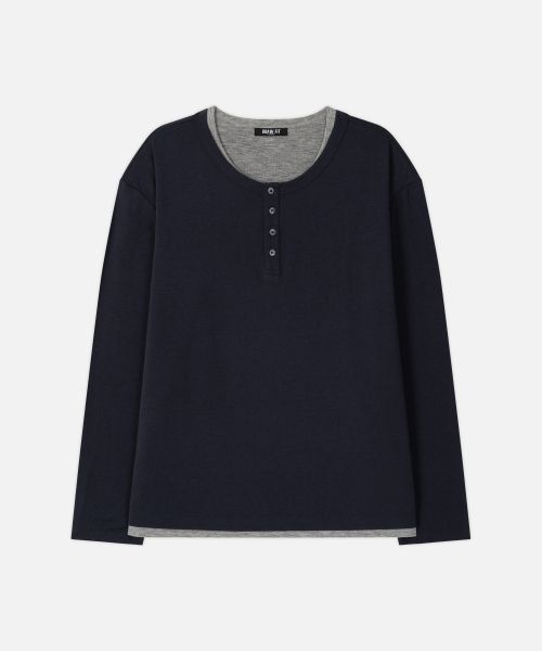 Lookbook Draw Fit Layered Henley Neck Long Sleeve T-Shirt [Navy] DFTS6303NV