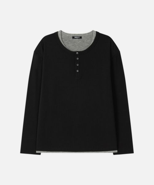 Shop Draw Fit Layered Henley Neck Long Sleeve T-Shirt [Black] DFTS6303BK