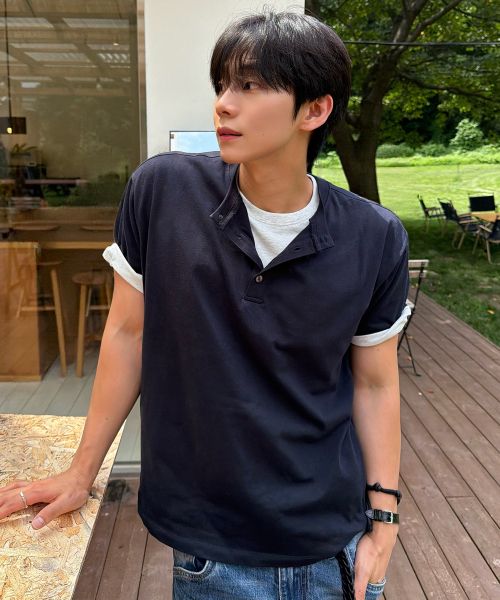 DRAW FIT Layered Roll-Up Henley Neck T-Shirt [Navy] DFTS6220NV