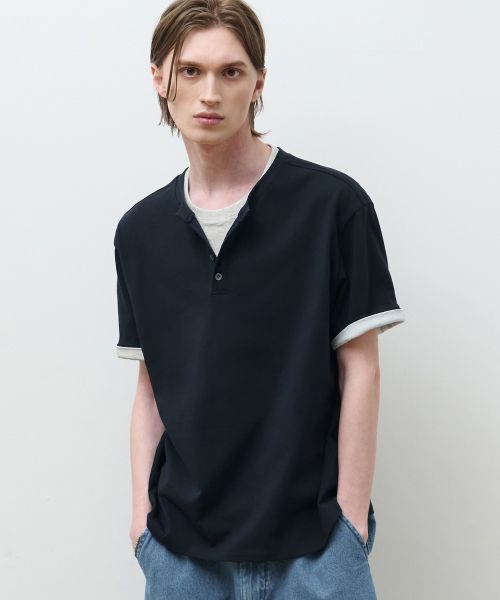 Order DRAW FIT レイヤード ロールアップ ヘンリーネック Tシャツ [ネイビー] DFTS6220NV