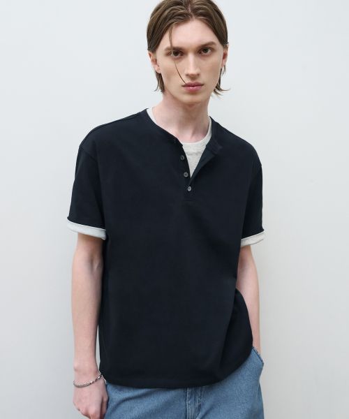 Lookbook DRAW FIT レイヤード ロールアップ ヘンリーネック Tシャツ [ネイビー] DFTS6220NV