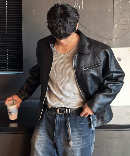 Draw Fit Russell Textured Single Leather Jacket [Black] DFJK6105BK