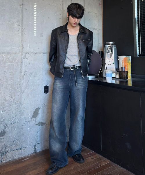 Lookbook Draw Fit Russell Textured Single Leather Jacket [Black] DFJK6105BK