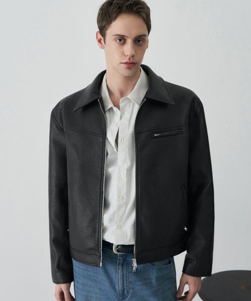 Shop Draw Fit Russell Textured Single Leather Jacket [Black] DFJK6105BK