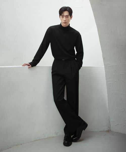 DRAW FIT Two-Tuck Wide Banding Slacks [Black] DFPT0006BK