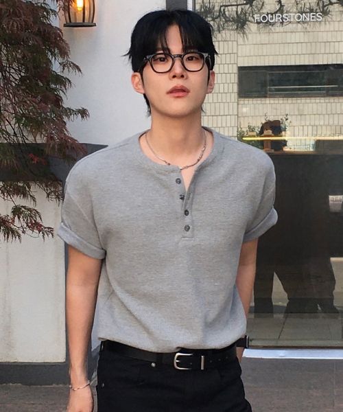 DRAW FIT Waffle Henley Half T-Shirt [Melange] DFTS5211ME