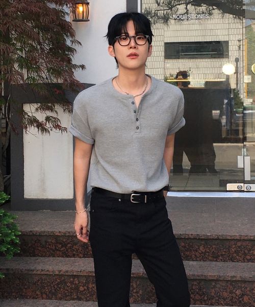 Order DRAW FIT Waffle Henley Half T-Shirt [Melange] DFTS5211ME