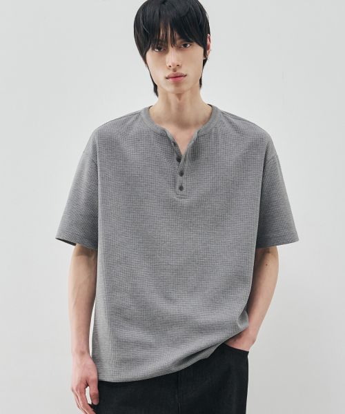 Shop DRAW FIT Waffle Henley Half T-Shirt [Melange] DFTS5211ME