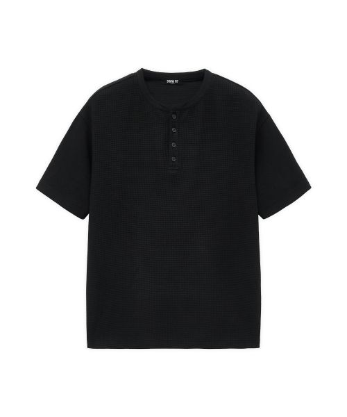 Purchase DRAW FIT Waffle Henley Neck Half T-Shirt [Black] DFTS5211BK