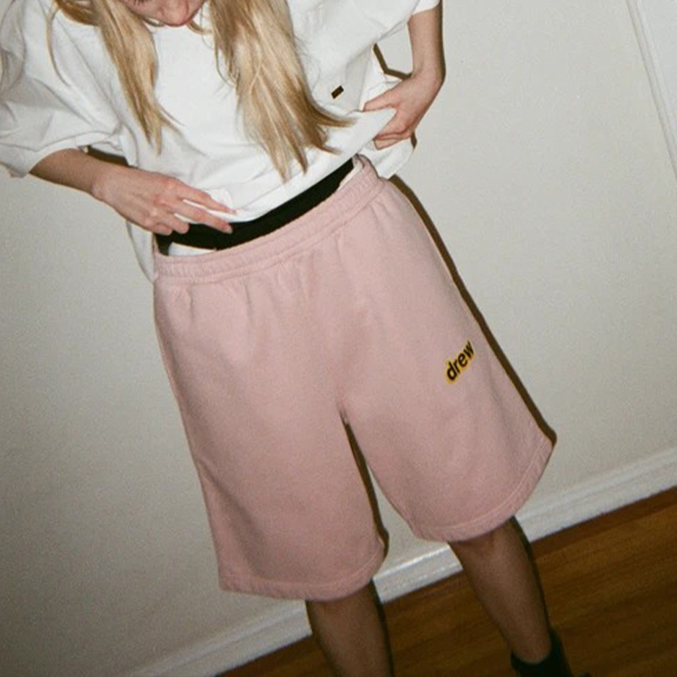 Cheap Drew House 粉尘玫瑰色LOGO中腰抽绳休闲男女同款短裤。 DR-SS21-65