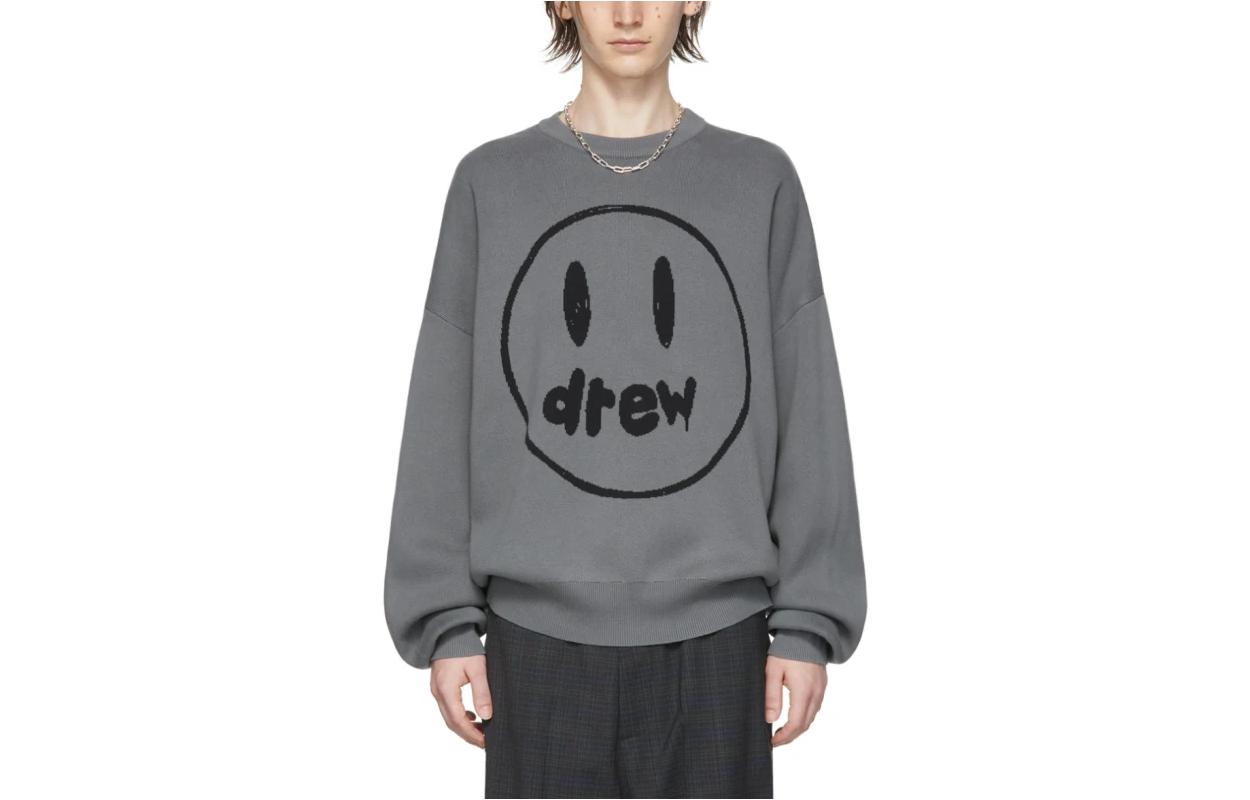 Drew House Expression Logo Jacquard Crewneck Knit Sweater Grey for Men. DR-SS22-181