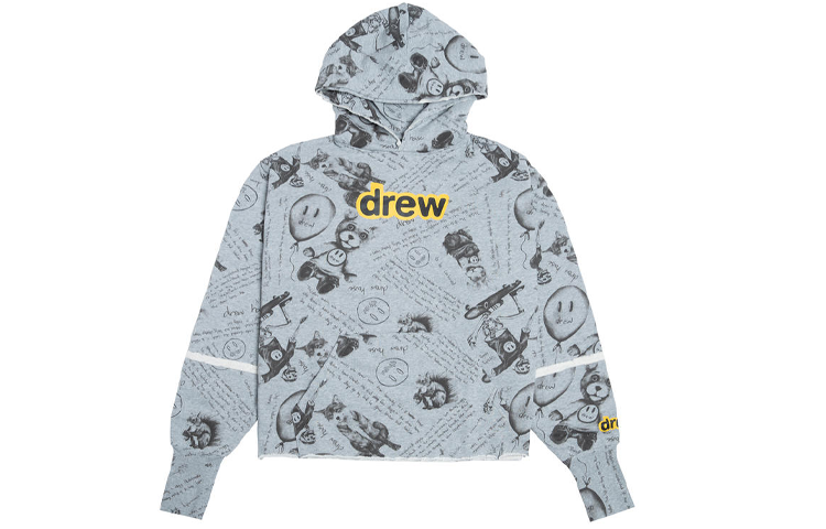 Drew House FW21 Idears Deconstructed Hoodie Heather Grey Unisex Cartoon Sweatshirt. DR-FW21-107