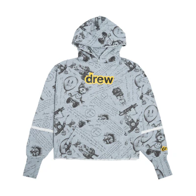Drew House FW21 Idears Deconstructed Hoodie Heather Grey Unisex Cartoon Sweatshirt. DR-FW21-107