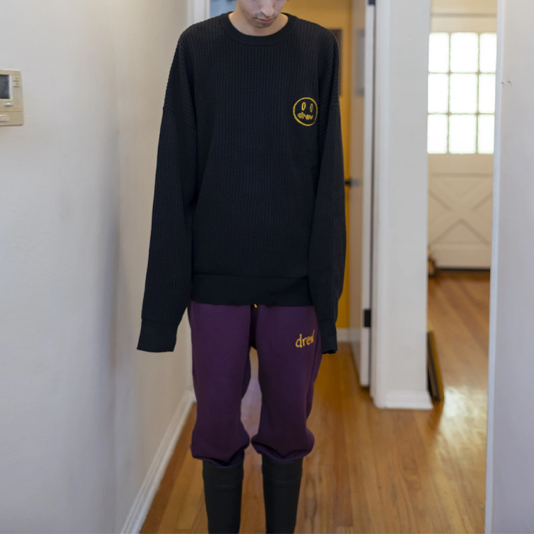 Shop Drew House FW21 Mascot Waffle Sweater Hitam Smiley Crewneck Unisex Pullover DR-FW21-061