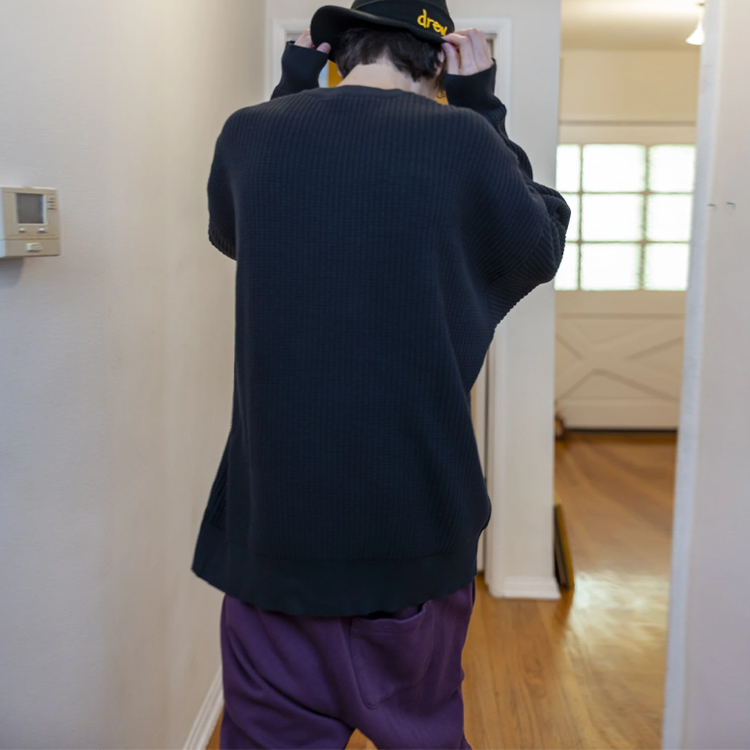 Details for Drew House FW21 Mascot Waffle Sweater Hitam Smiley Crewneck Unisex Pullover DR-FW21-061