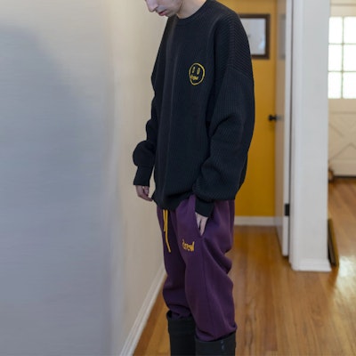 Drew House FW21 Mascot Waffle Sweater Hitam Smiley Crewneck Unisex Pullover DR-FW21-061 Cheap Drew House FW21 Mascot Waffle Sweater Hitam Smiley Crewneck Unisex Pullover DR-FW21-061