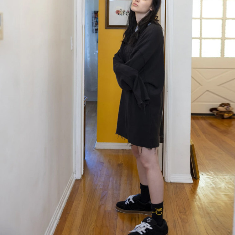 Details for Drew House FW21 反毛巾布標誌長袖上衣 黑色 中性款式。 DR-FW21-062